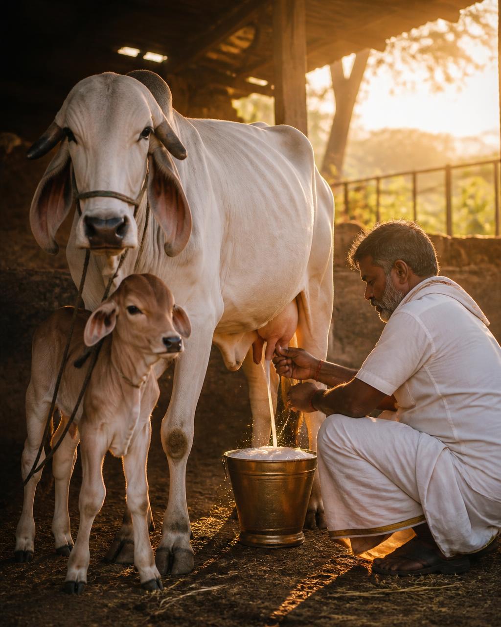 Farmer hand-milking a white Gir cow, fresh milk streaming into a brass bucket