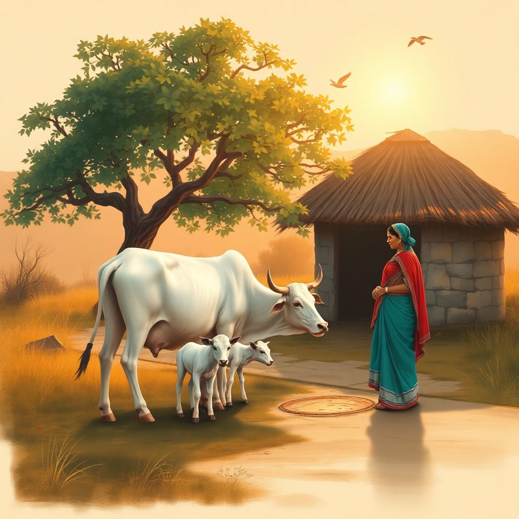 Traditional Indian village at sunrise with A2 Gir cows and woman milking